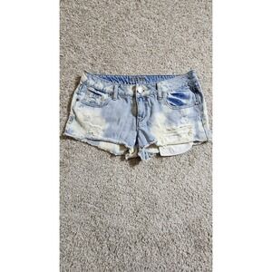 Decree Womens Distressed Denim Mid Rise Light Wash Raw Hem Short Shorts Size 9